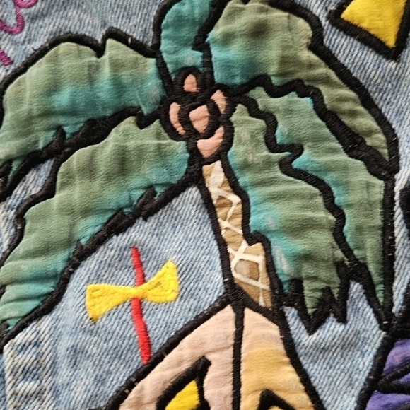Silkscapes Women's Embroidered Travel The World Blue Jean Jacket Size Small Vtg - Picture 6 of 16